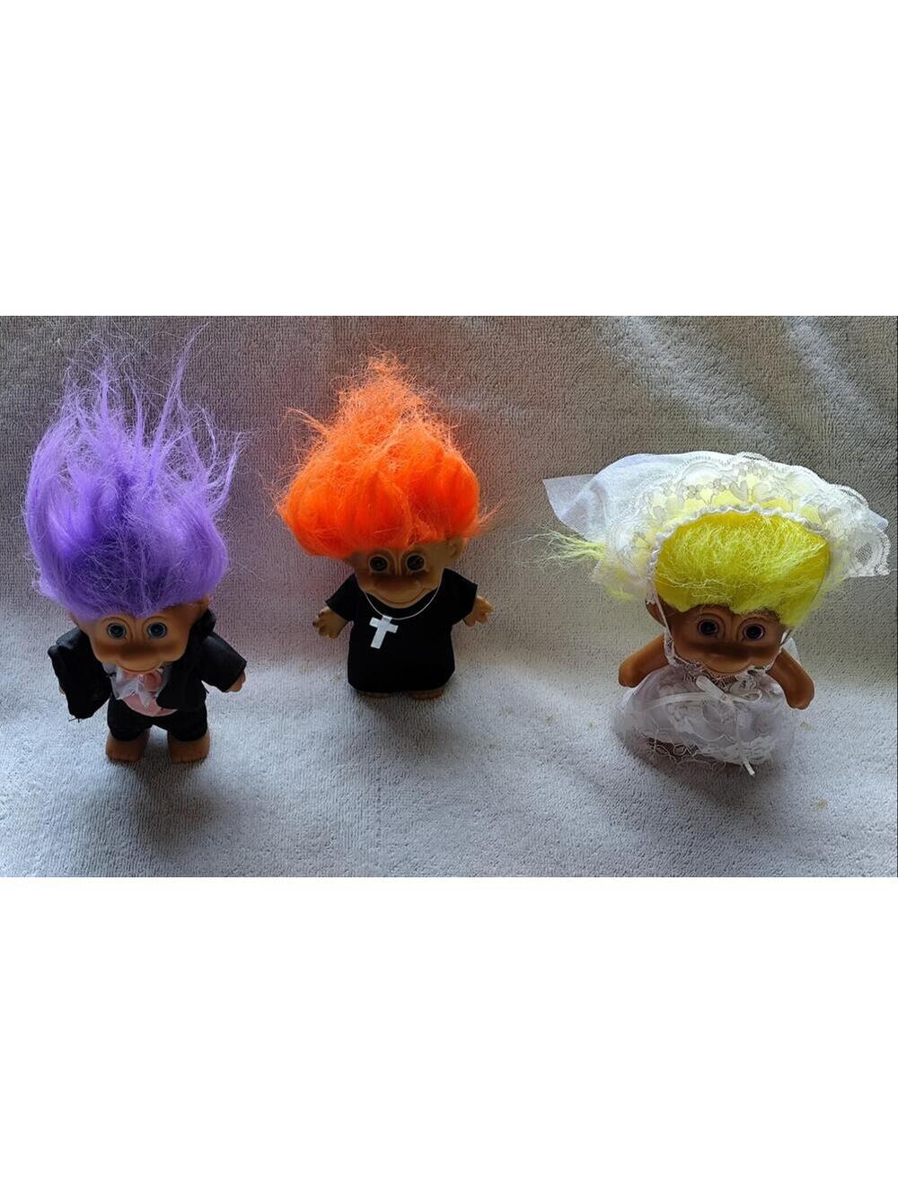 vintage Russ Troll Doll And 1991 TNT Lot 3"Priest,Groom And Bride Troll Doll